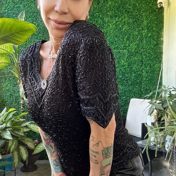 1980s Cote d'Azur Evening Black Sequined Beaded Fringe Top Handicraft Cropped - Picture 5 of 6